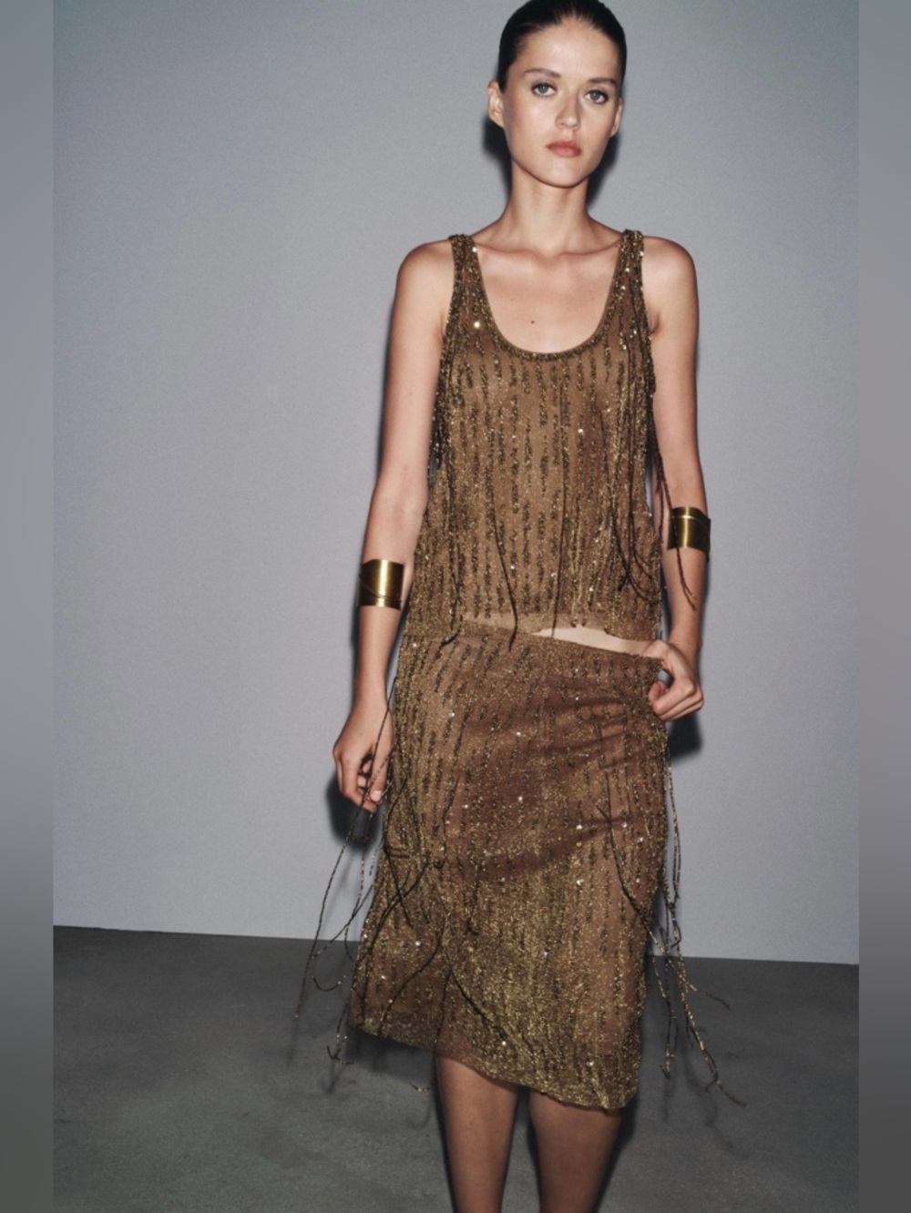 Zara Gold Beaded Fringe Bohemian Midi Skirt ZW Collection